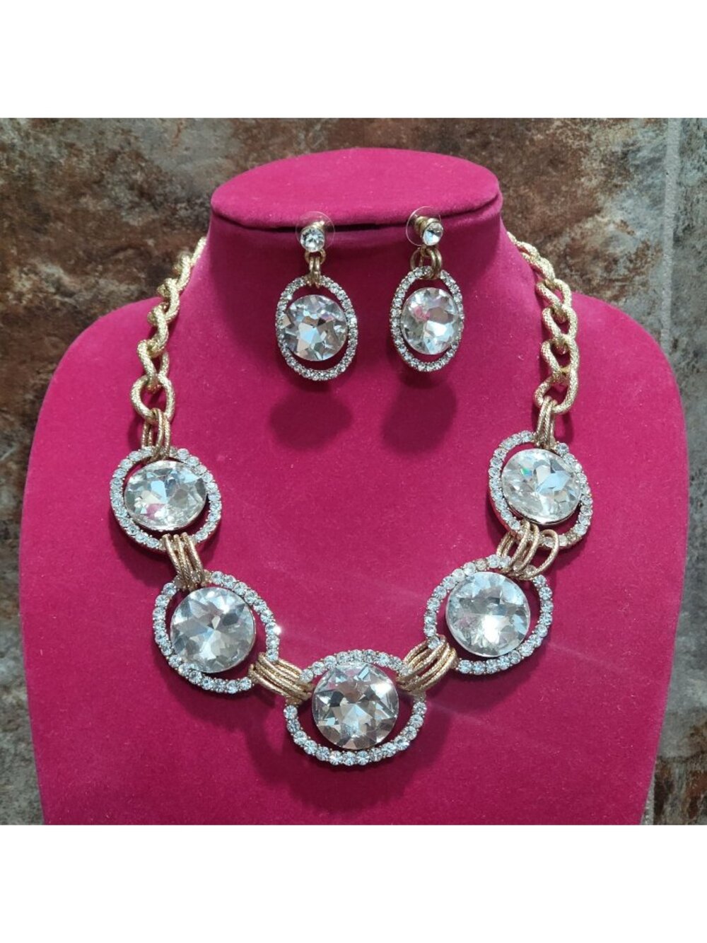 Gold Clear Crystal Statement Necklace Earrings Set Chunky Collar Rhinestone Jewe